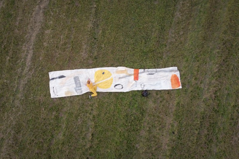 A person painting on a large strip of canvas on a lawn